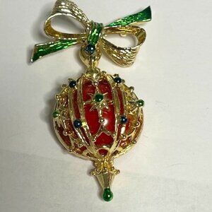 VTG Christmas Ball Ornament Brooch Enamel & Acrylic Movable Brooch Pin 1"x2.25